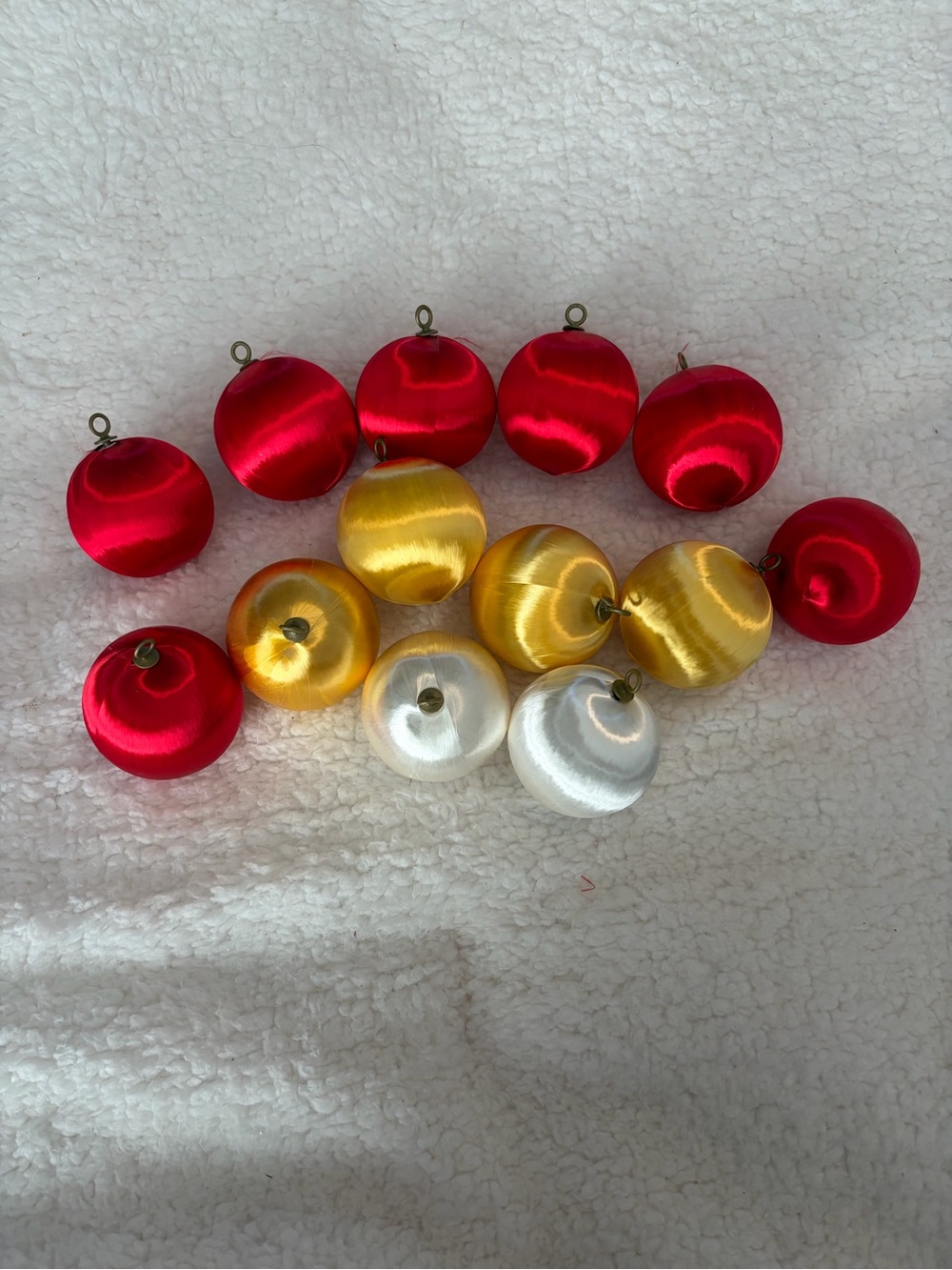 Vintage Satin Thread Wrapped Christmas Ball Ornaments Red Gold White Lot 12